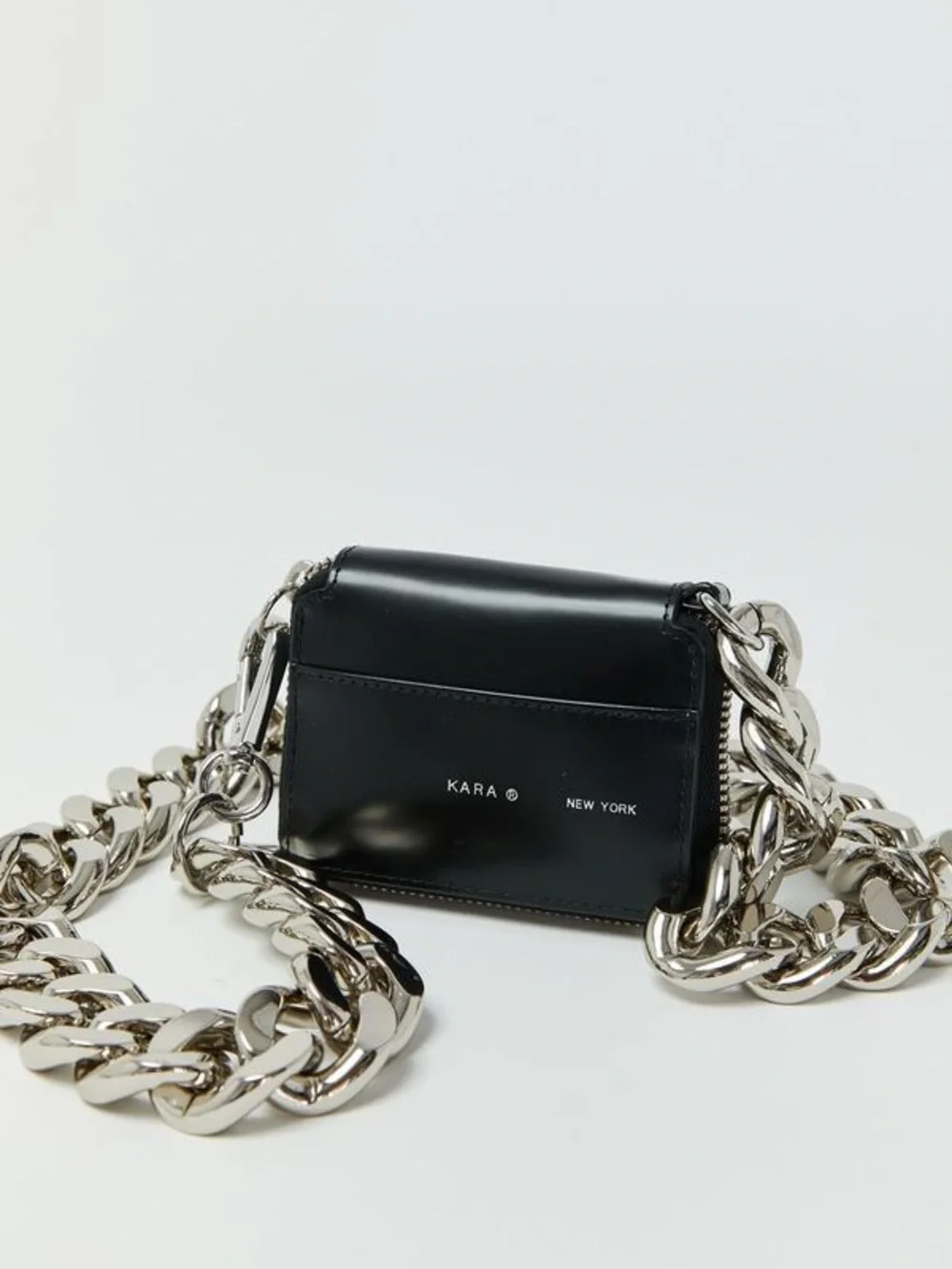 Kara New York Bike Wallet Black Leather Chunky Silver curb Chain Crossbody Bag - Picture 3 of 16